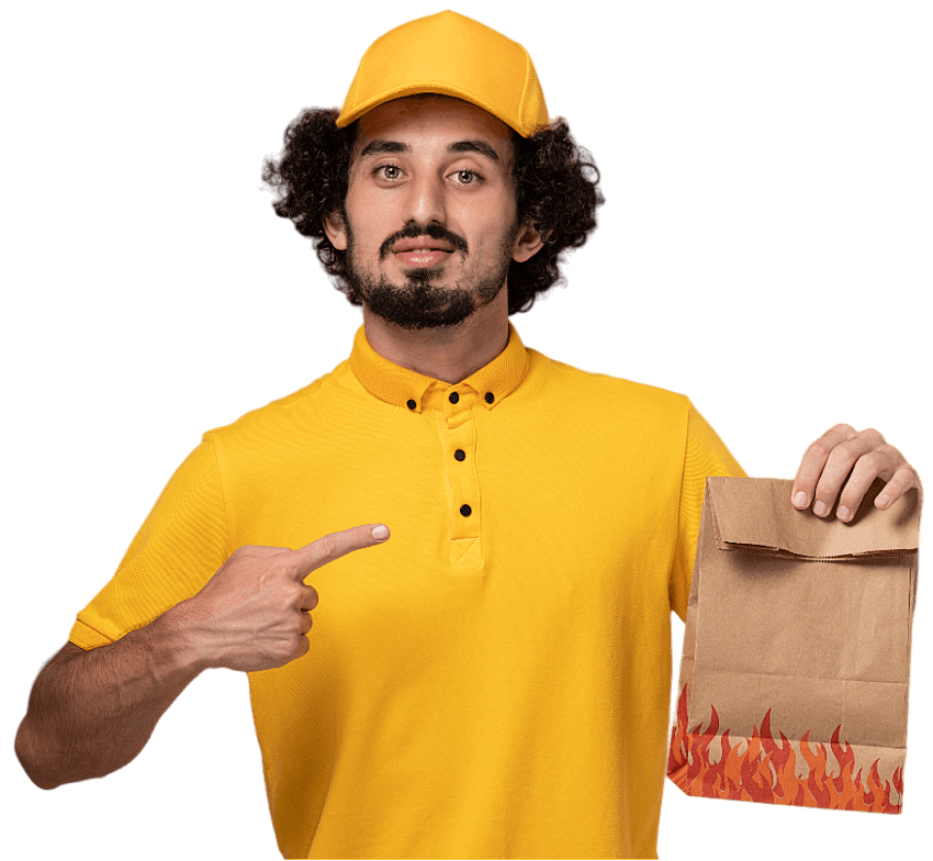 a guy in yellow cap and yellow t-shirt pointing to a paper bag in another hand